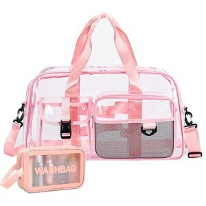 Women Clear-Pink Small Gym Carry On Weekender Travel Duffle Shoe Compartment Bag